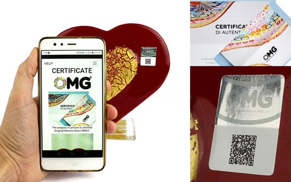 Etiqueta adhesiva con marca holográfica que garantiza que se trata de una pieza ORIGINAL DE CRISTAL DE MURANO OMG®