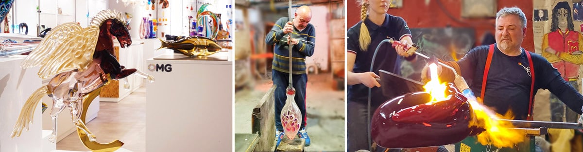 sala de exposición, tienda física, fábrica de cristal de Murano, ¡vaya!