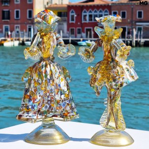 Figure goldoniane Veneziane Dama e Cavaliere - Murrina e oro 24 kt
