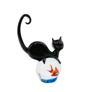 Acuario con gato y bolas de pescado - Vidrio de Murano original OMG