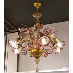 Venetian Chandelier Pastorale downwards - Amber and red rim - Original Murano Glass