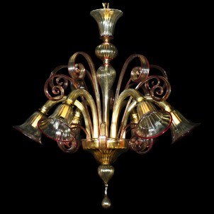 Venetian Chandelier Pastorale downwards - Amber and red rim - Original Murano Glass