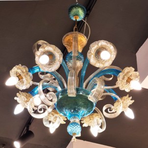Venetian Chandelier - light blue and gold - Murano Glass 