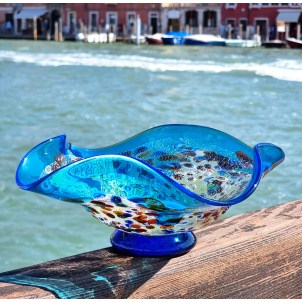 Ciotola Goccia Murrine Millefiori largo -  Vetro Soffiato - Azzurro con argento