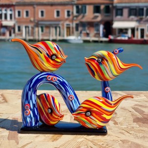 Escultura de acuario - Con peces tropicales y coral azul -  Vidrio de Murano original OMG