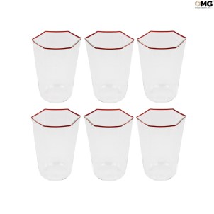 Set of 6 Drinking glasses shot - Red rim - Esagonal - Original Murano Glass
