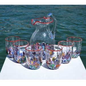 Set di 6 Bicchieri - Millefiori e orlo rosso - vetro di Murano Originale