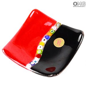 Plato cuadrado Millefiori en negro y rojo - Vidrio de Murano original