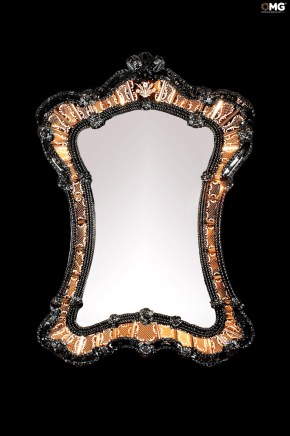 Venexiana - Wall Venetian Mirror - Amber and black details - Original Murano Glass OMG