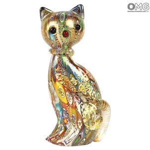 Figurita de gato en murrina millefiori dorada - Animales - Vidrio de Murano original OMG