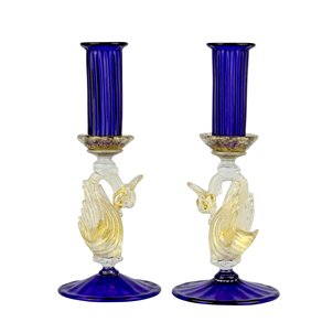 Set di 2 Porta Candela Blu Classico Veneziano - Vetro di Murano