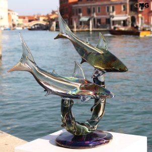 Sharks on base - Sculpture in chalcedony - Original Murano Glass