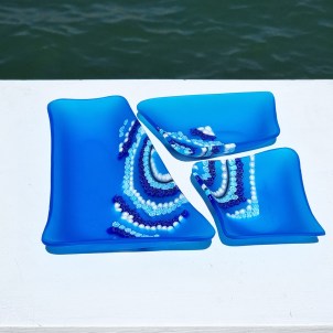 Three Plates frosted glass and murrine  - Sea - Original Murano Glass OMG