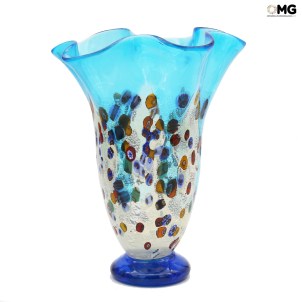 Tulipano Vaso Azzurro in vetro di Murano e millefiori