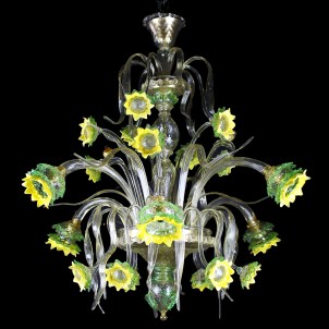 Lampadario Girasole con uccellini Vetro di Murano
