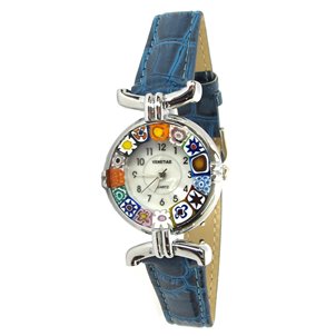 Wristwatch Millefiori - Blue strap metal chrome case - Original Murano glass OMG