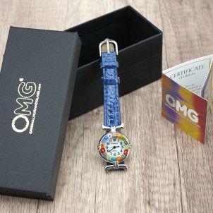 Wristwatch Millefiori - Blue strap metal chrome case - Original Murano glass OMG